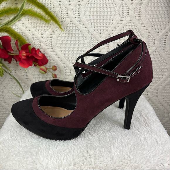 JUSTFAB Plum Black Color Block PHILPA Criss Cross Strap Stiletto Heel Pumps 10M - Picture 5 of 14